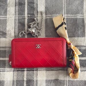 Chanel Red Quilted Clutch Wallet Silver CC Logo on Unbranded Chain
